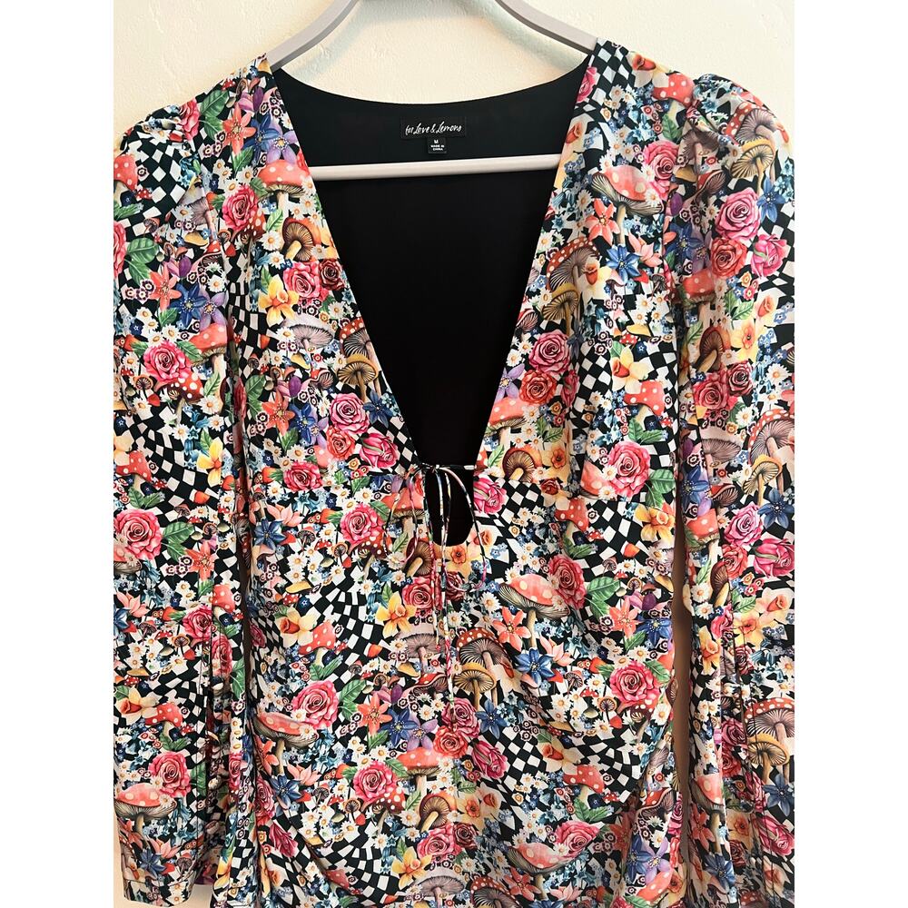 For Love & Lemons June Bell Sleeve Checkered Floral Print Mini Dress Size Medium - Picture 7 of 8
